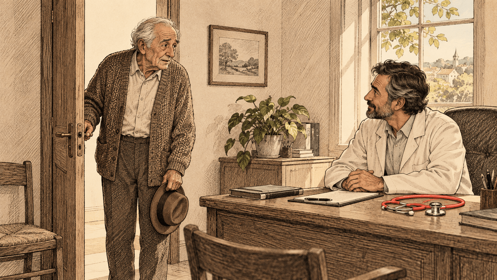 Senhor de cardigã parado à porta do consultório, com a mão ainda na maçaneta e o chapéu na outra mão, voltando-se para o médico sentado à mesa, que o espera com um sorriso paciente.