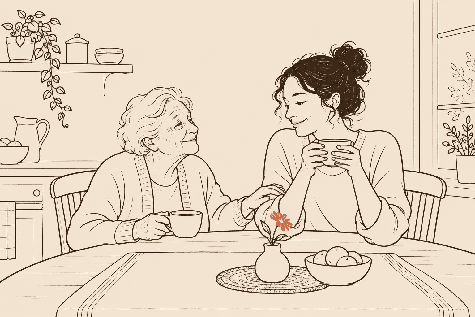 Ilustração em line art de uma cuidadora e uma idosa conversando e tomando café à mesa da cozinha