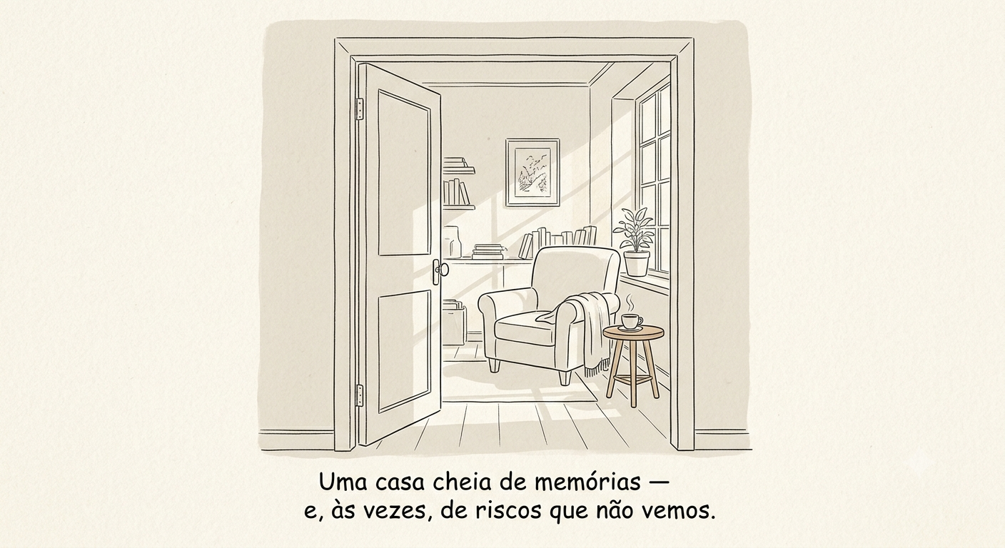 Ilustração de uma sala de estar aconchegante vista através de uma porta entreaberta, com poltrona, xícara de café e luz suave entrando pela janela