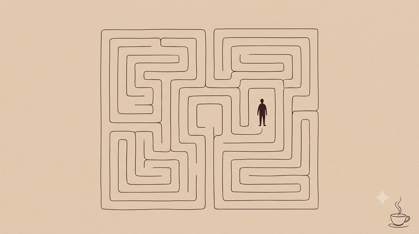Ilustração em line art de uma pequena figura humana perdida dentro de um labirinto complexo