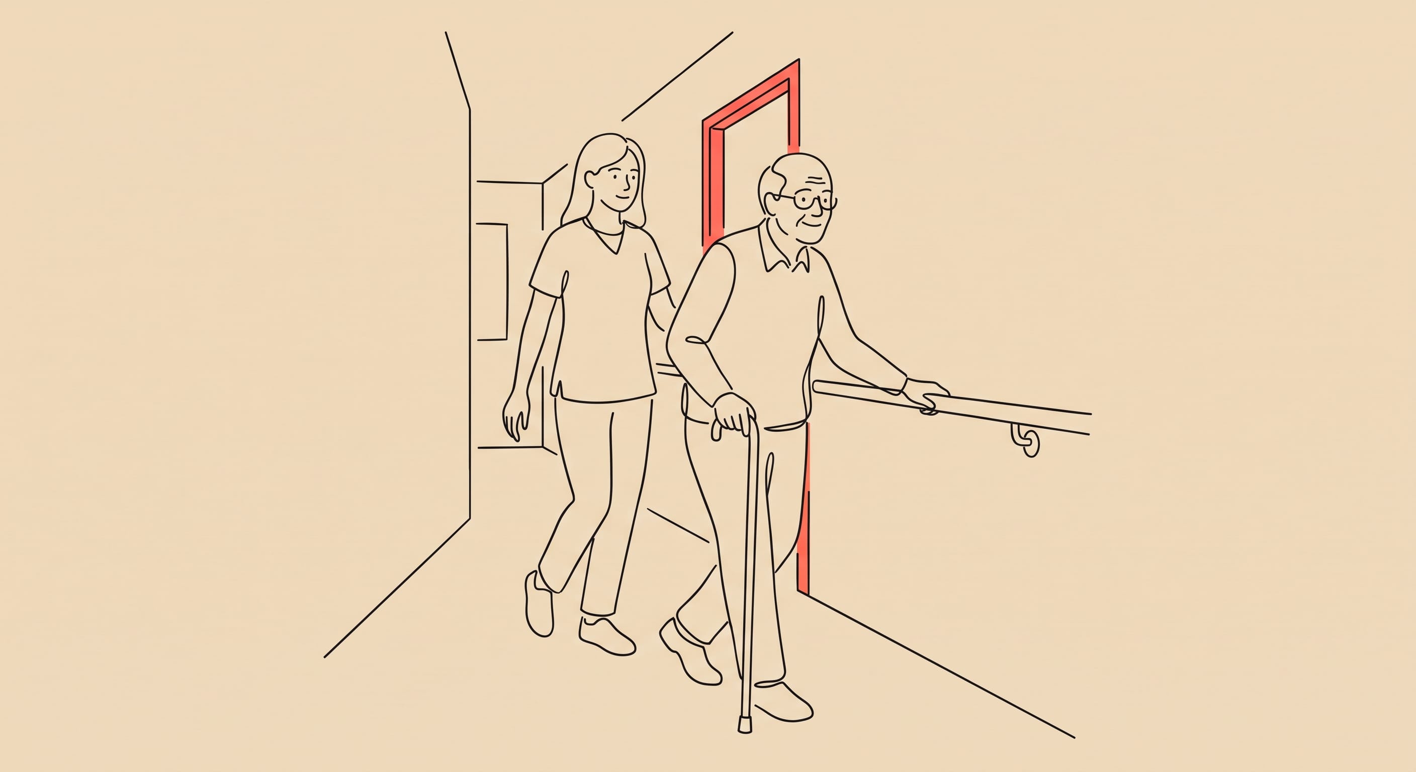 Ilustração em line art de uma cuidadora acompanhando um idoso que caminha apoiado em um corrimão vermelho, saindo de um quarto