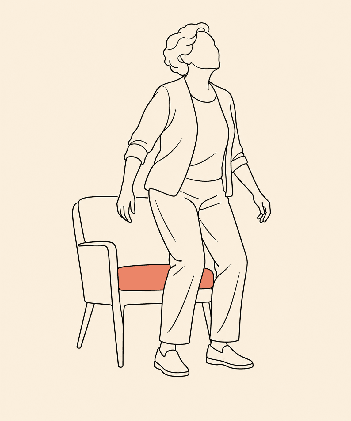 Ilustração em line art de uma mulher idosa apoiando-se no braço de uma poltrona para se levantar