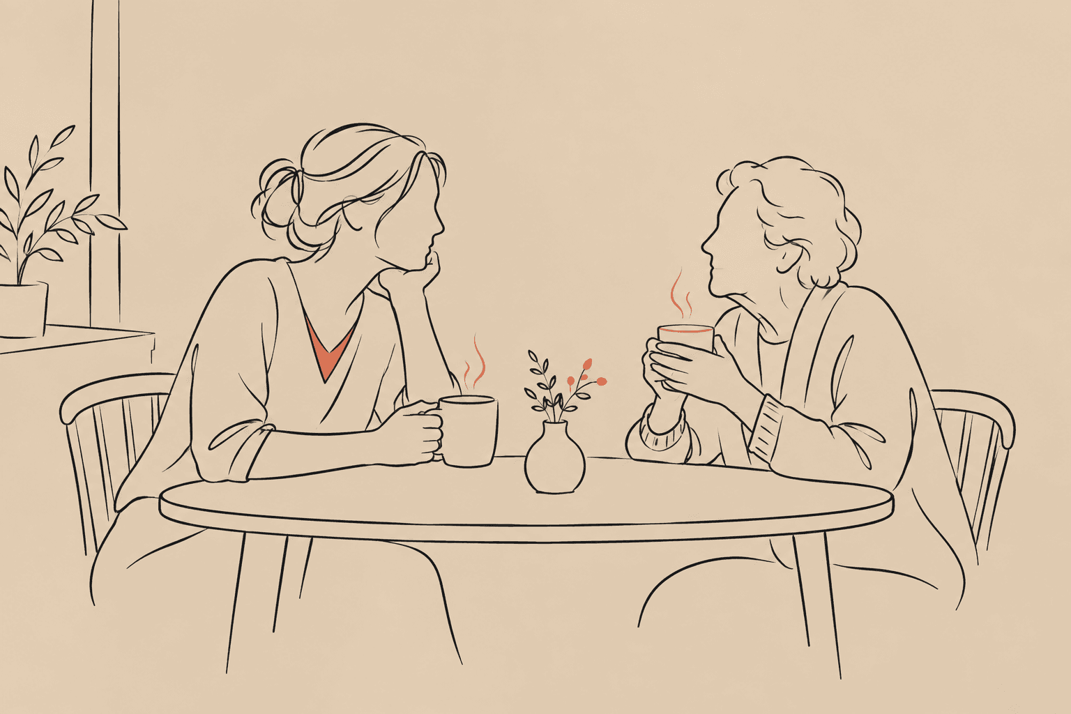 Ilustração em line art de uma filha e uma mãe conversando à mesa, cada uma com uma xícara de café fumegante