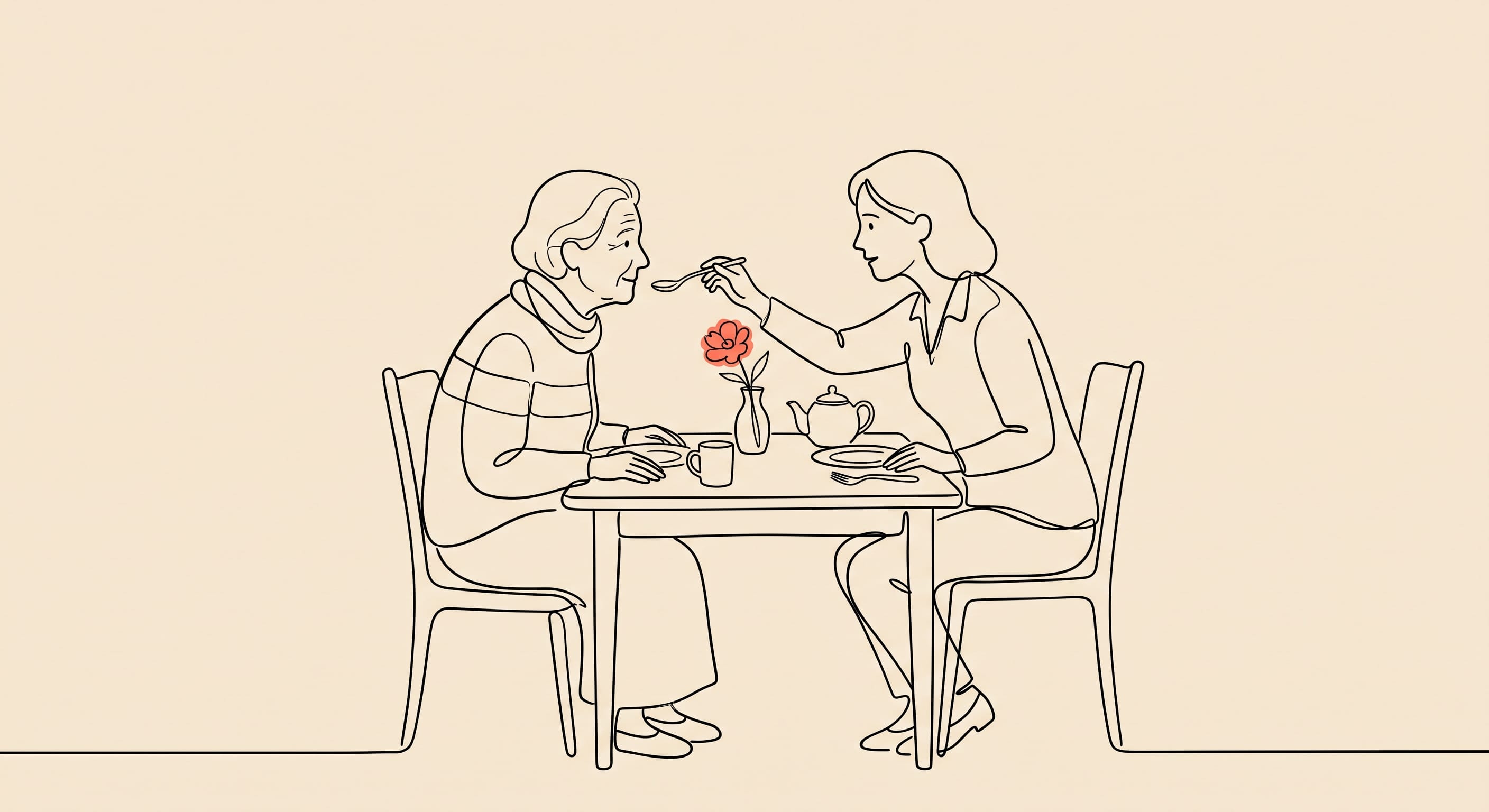 Ilustração em line art de uma cuidadora alimentando com carinho uma mulher idosa à mesa, com uma flor entre elas