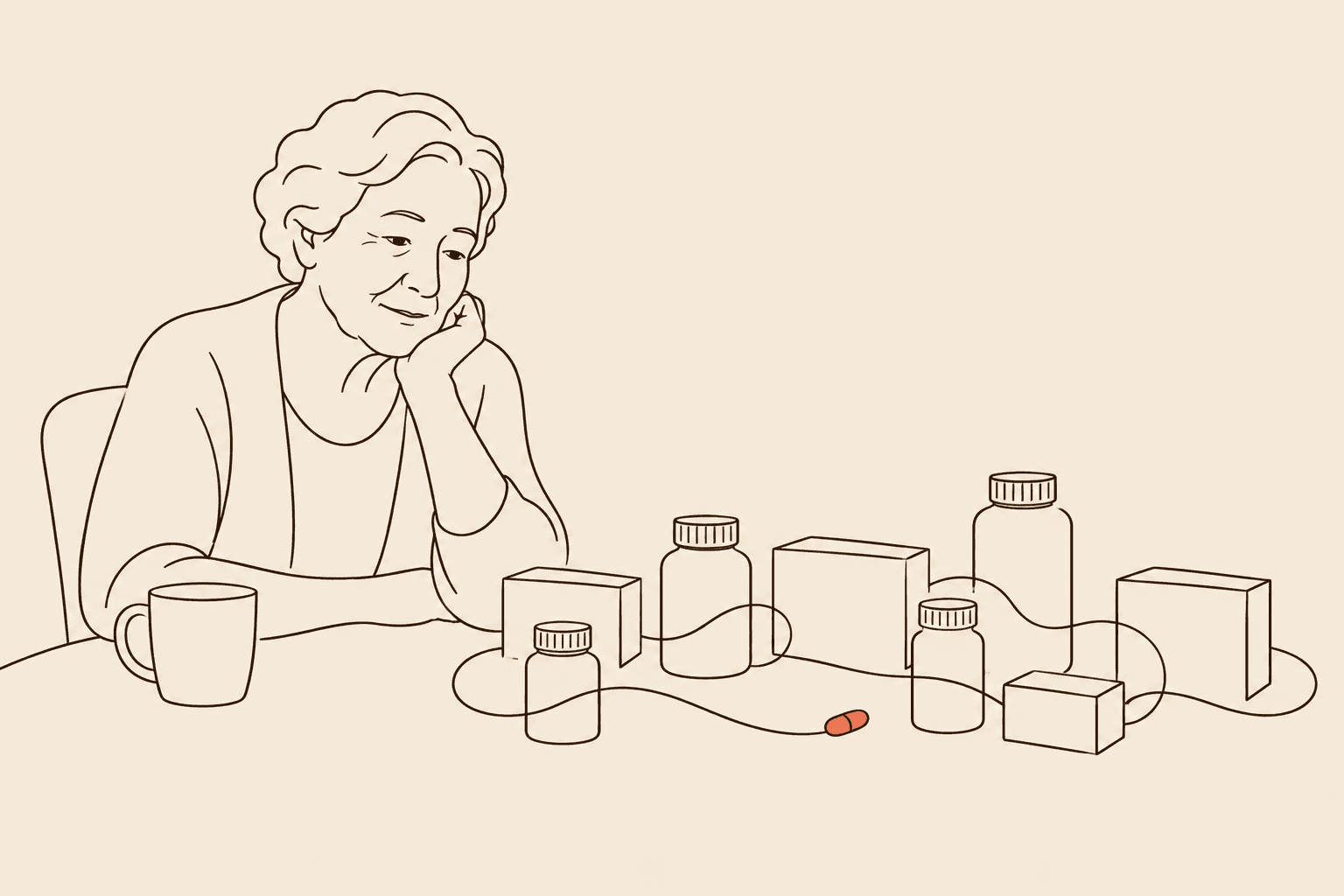 Pessoa idosa observa diversos medicamentos conectados por uma linha contínua, com uma cápsula em destaque.