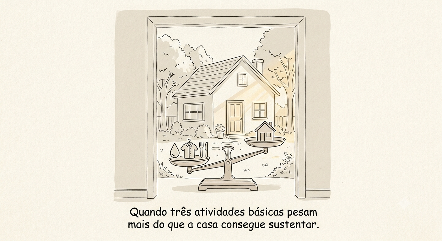 Ilustração de uma casa vista por uma porta, com uma pequena balança em primeiro plano equilibrando ícones de banho, roupa e talheres de um lado e uma casa do outro