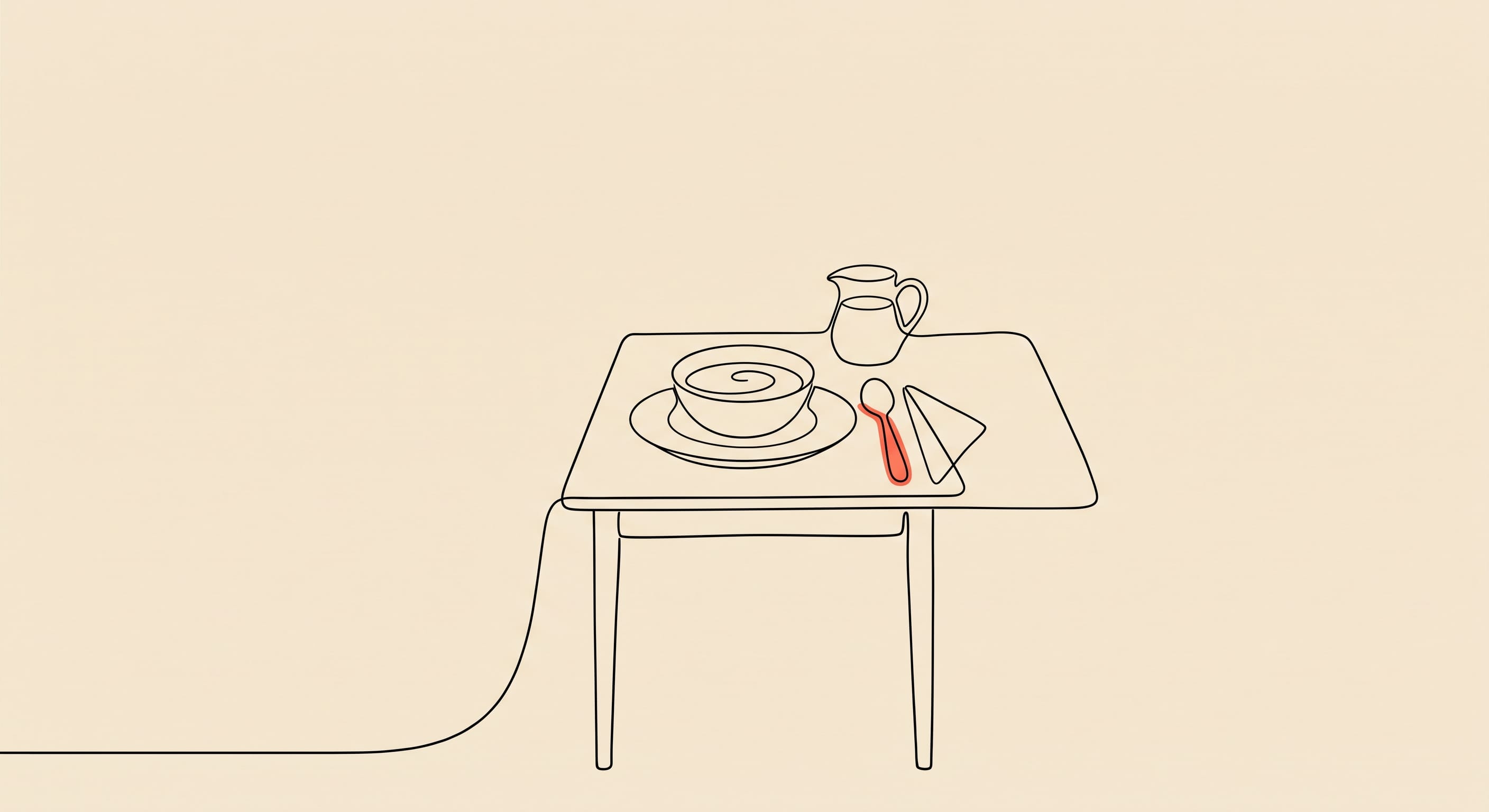 Ilustração em line art de uma mesa posta com sopa, jarra e talheres, vista em perspectiva