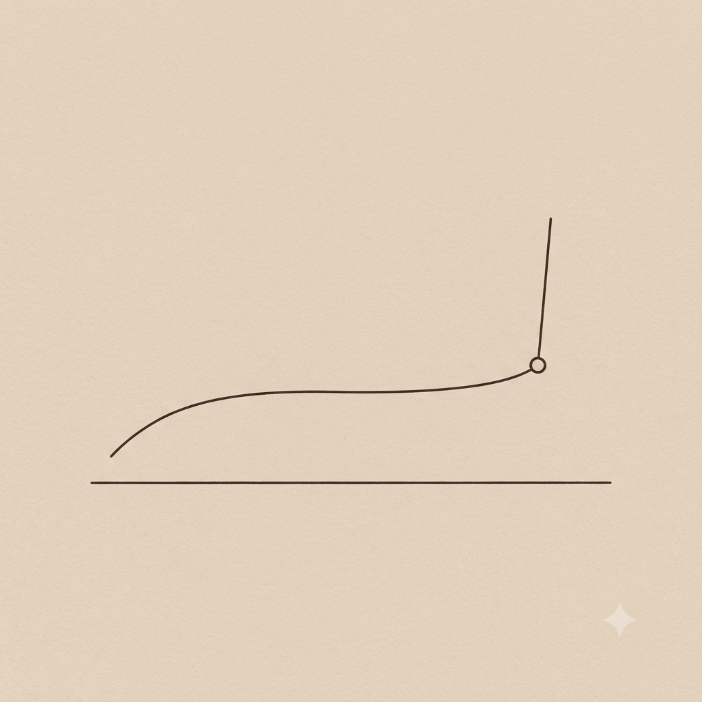 Ilustração em line art de uma linha que sobe suavemente e depois dispara na vertical, sugerindo uma mudança brusca