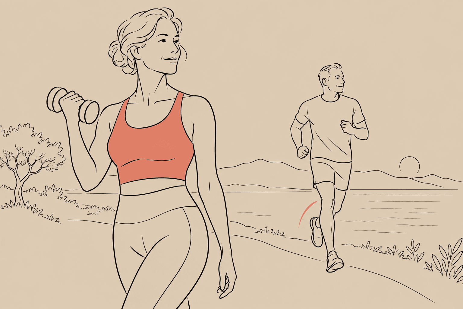 Ilustração em line art de uma mulher levantando halteres em primeiro plano e um homem correndo ao fundo, à beira de um lago