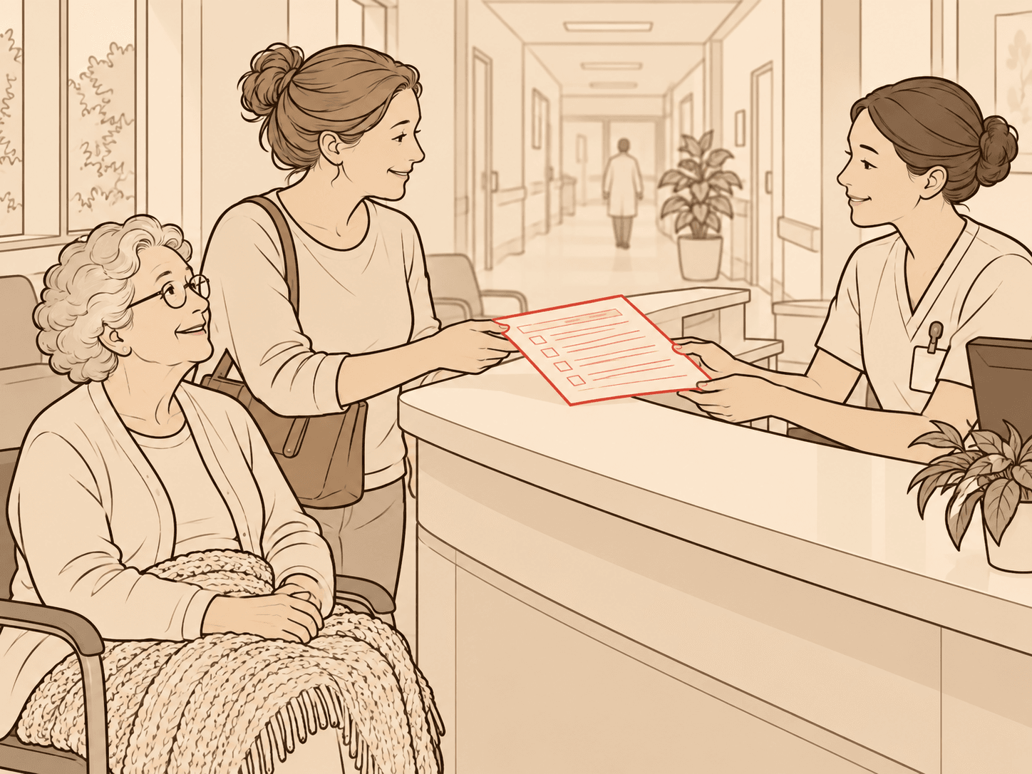 Na recepção do hospital, a filha entrega uma ficha com caixinhas de marcar à enfermeira, enquanto a mãe idosa, de óculos, espera sentada ao lado