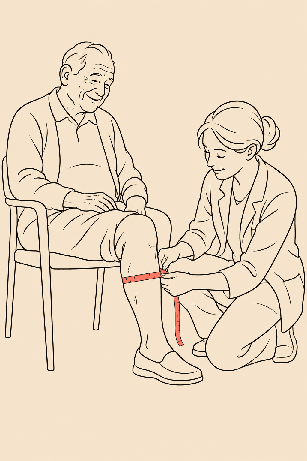 Ilustração em line art de uma médica medindo a circunferência da panturrilha de um idoso sentado