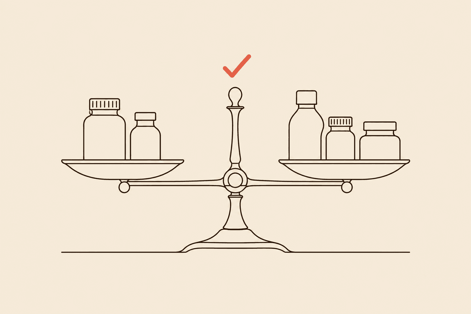 Cinco frascos de medicamentos distribuídos em uma balança perfeitamente equilibrada.