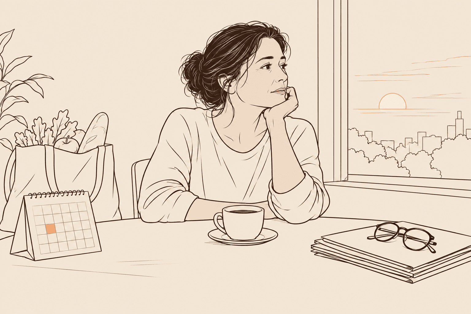 Ilustração em line art de uma mulher exausta sentada à mesa, com compras, calendário e óculos sobre uma pilha de papéis