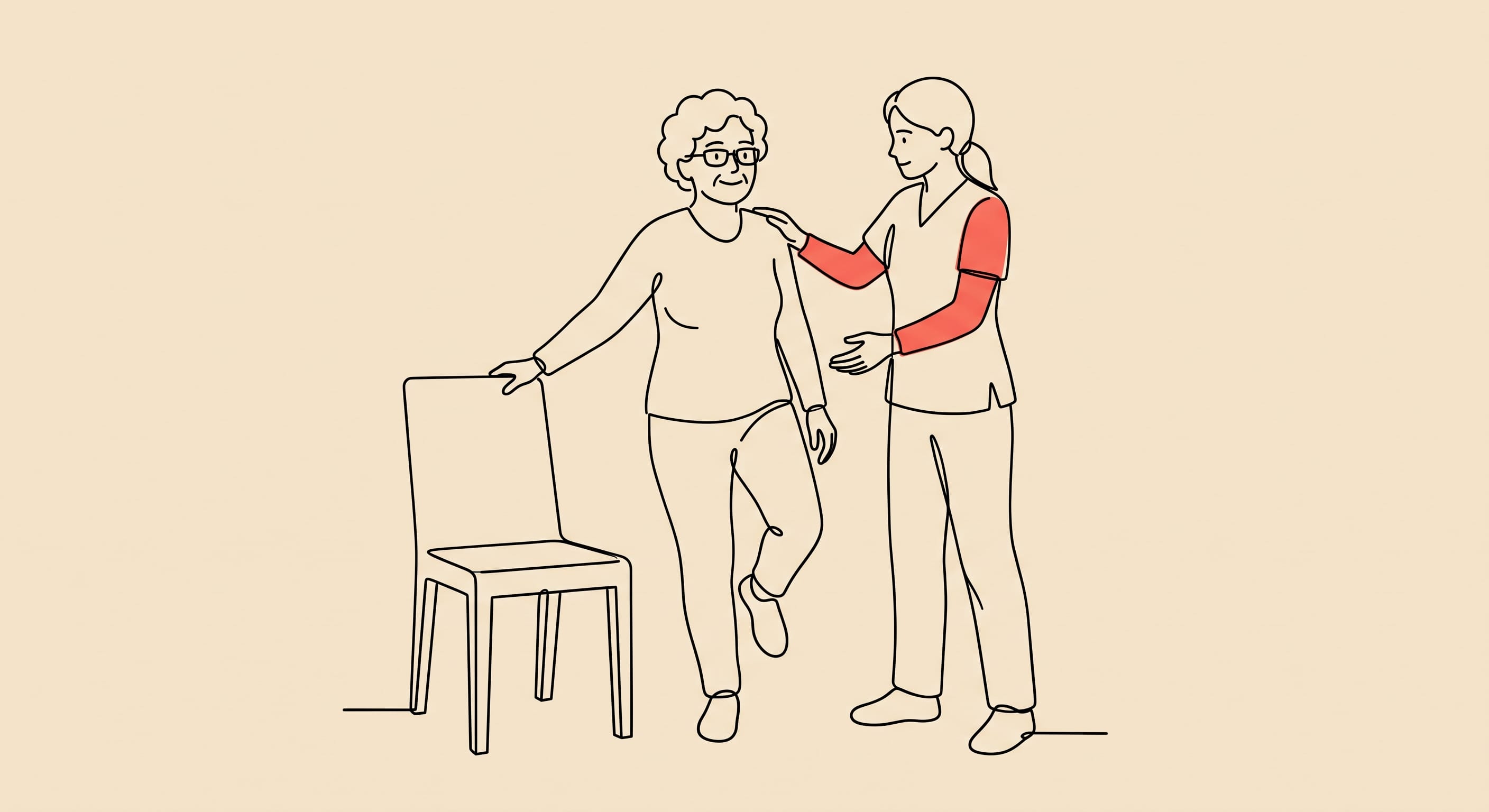 Ilustração em line art de uma fisioterapeuta ajudando uma idosa a treinar equilíbrio, apoiada em uma cadeira