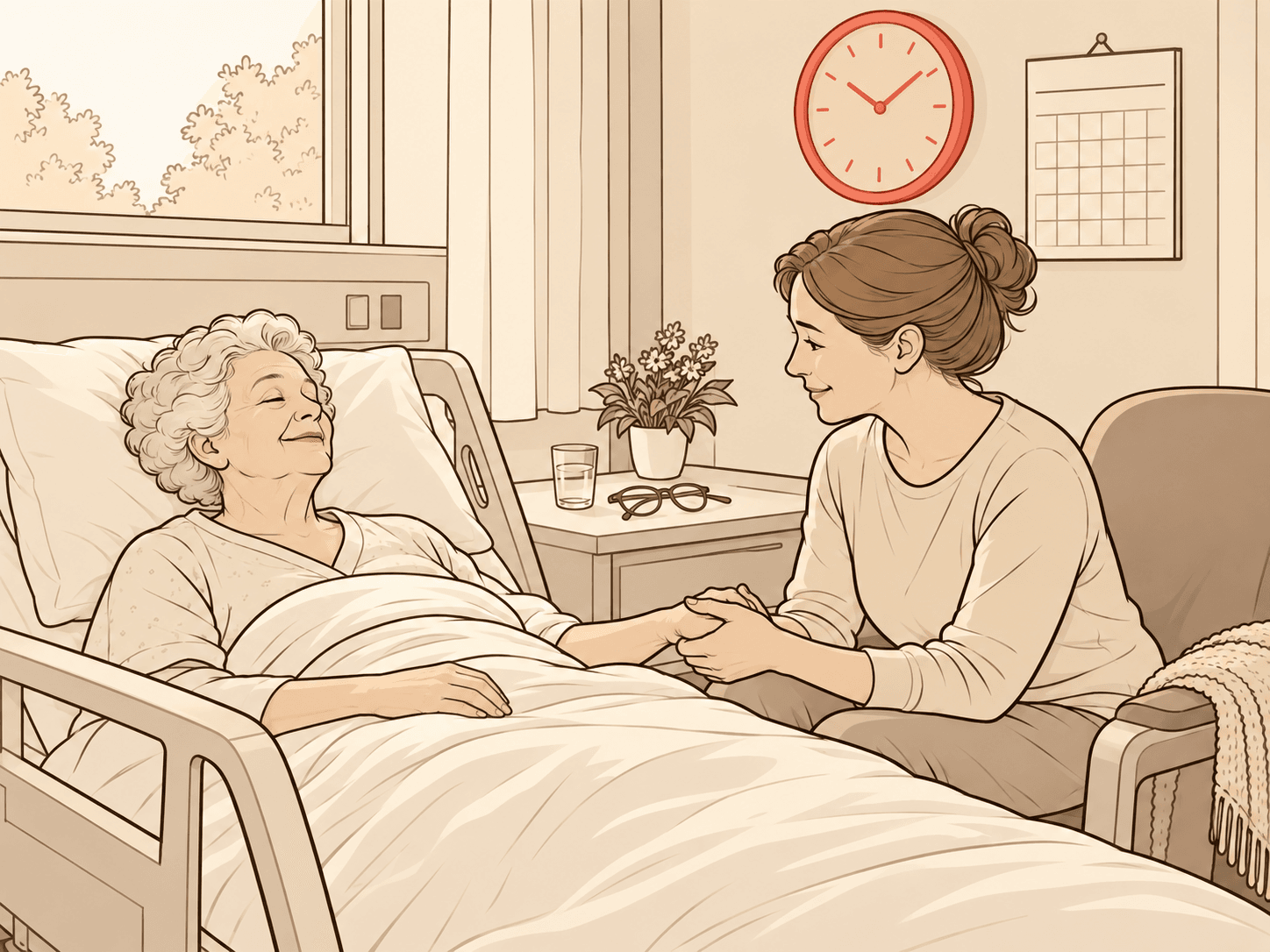 Quarto de hospital tranquilo: a senhora idosa repousa na cama enquanto a filha, sentada na poltrona, segura sua mão; na mesinha, óculos e um copo de água; na parede, relógio e calendário