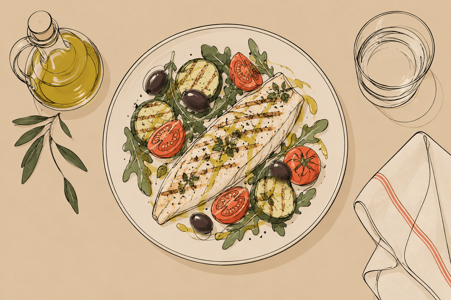 Ilustração em line art de um prato de peixe grelhado com legumes, tomate e azeitonas, ao lado de uma garrafa de azeite
