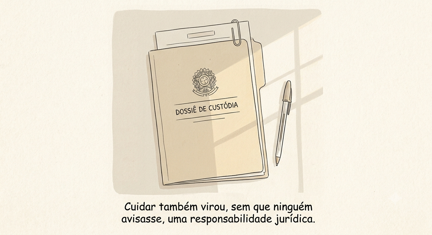 Ilustração de uma pasta de documentos com o título "Dossiê de Custódia", um clipe de papel e uma caneta ao lado