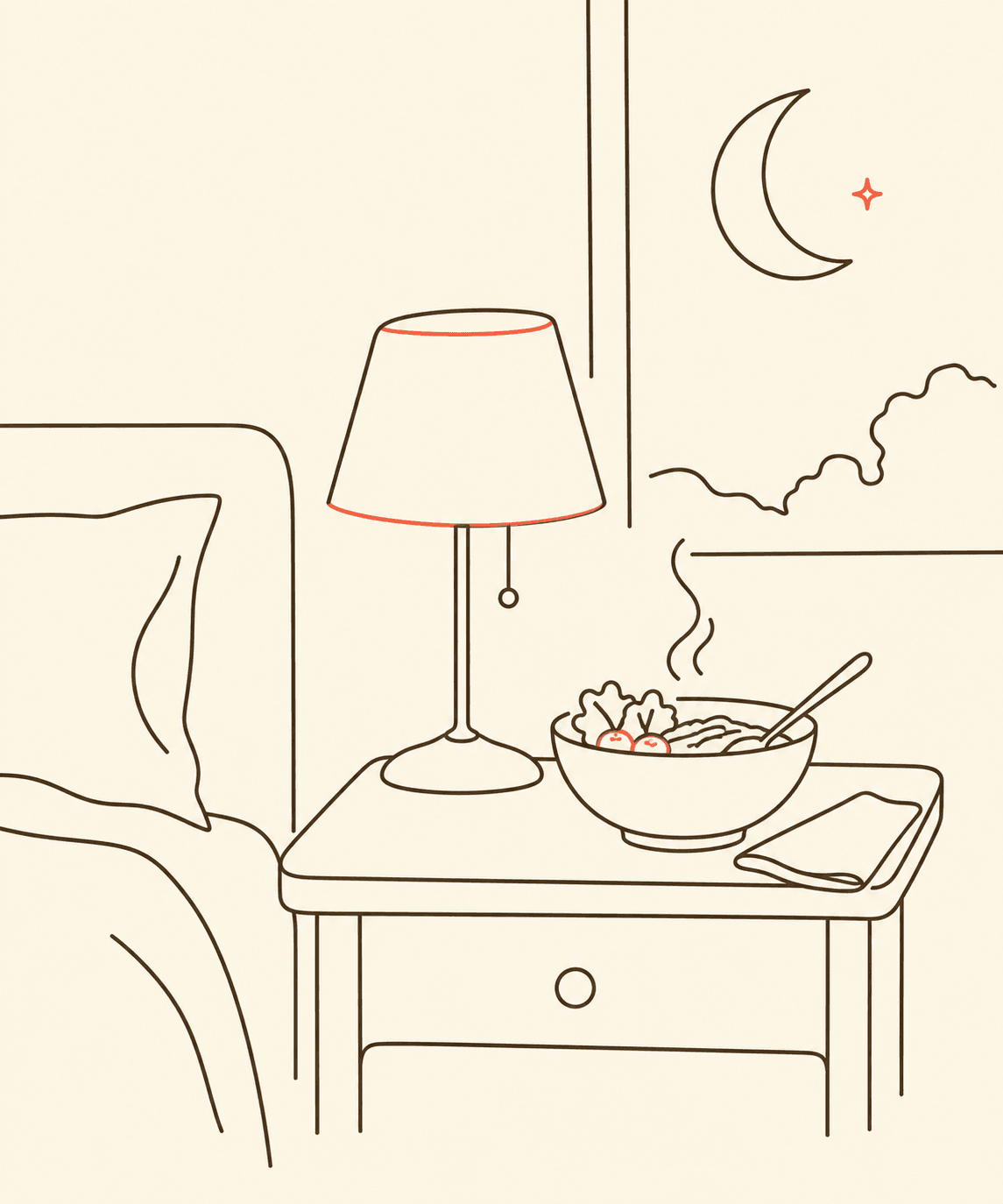 Ilustração em line art de uma mesa de cabeceira à noite, com abajur aceso, uma tigela de comida e uma lua crescente na janela