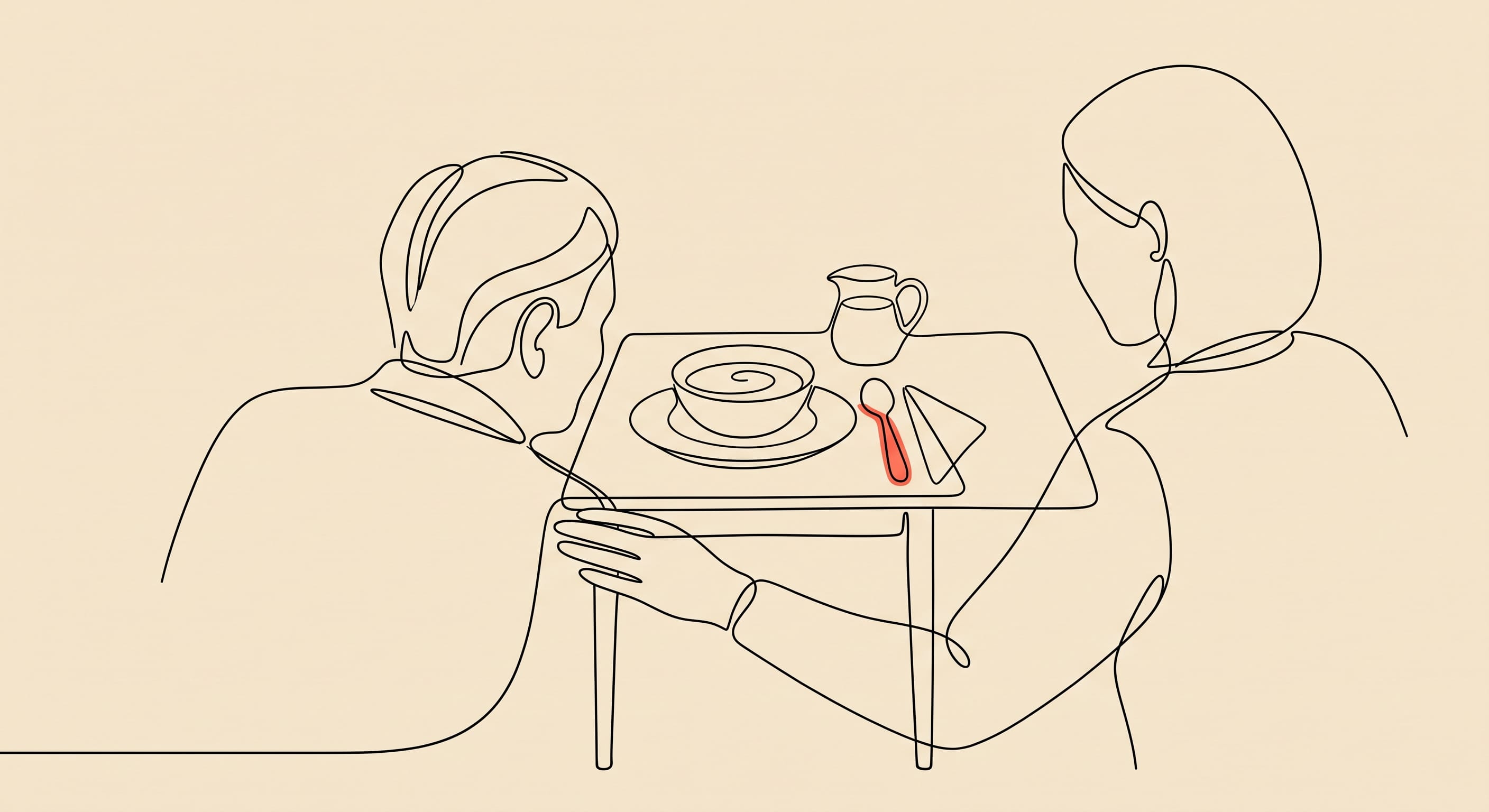 Ilustração em line art de duas pessoas de costas, sentadas à mesa, durante uma refeição compartilhada