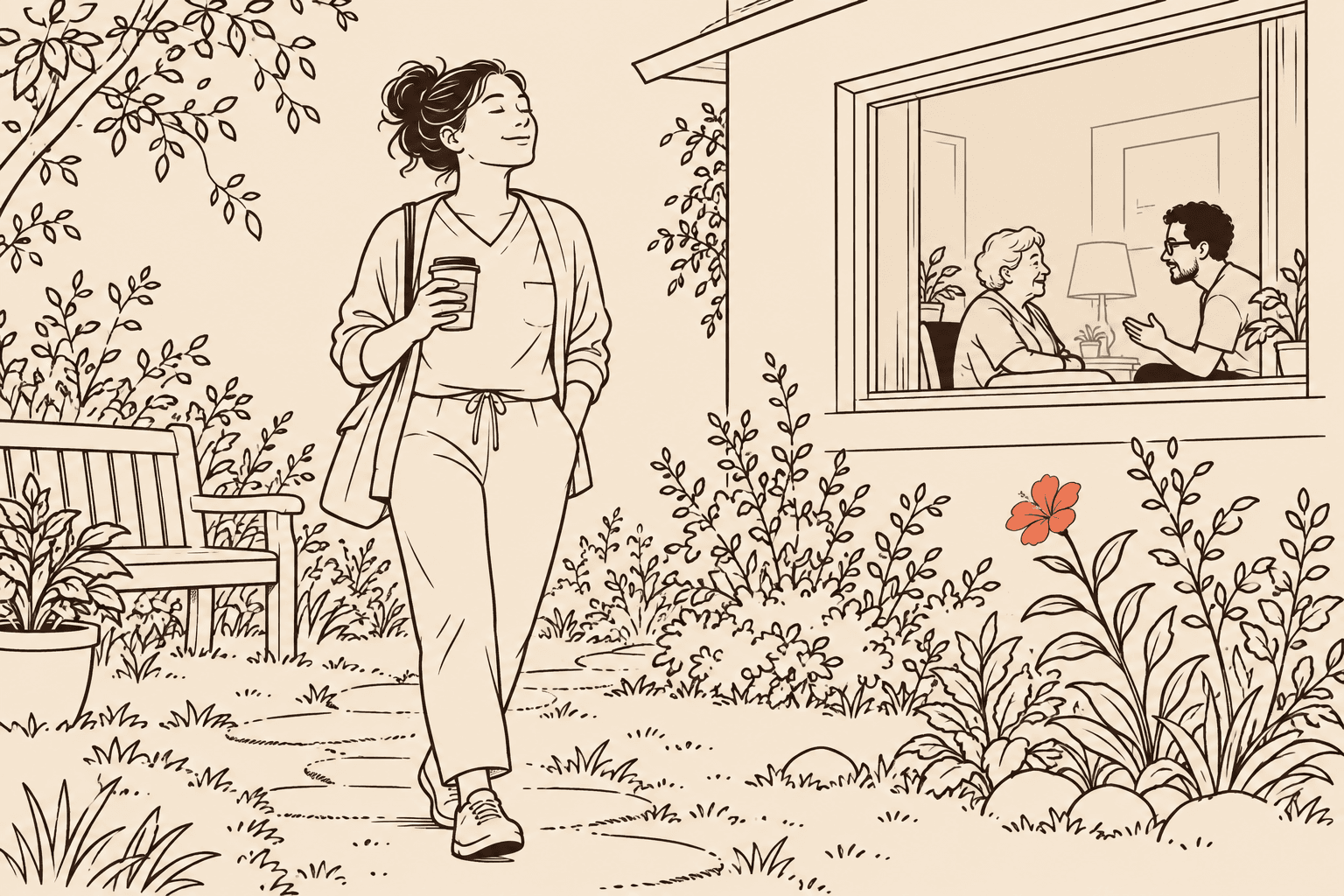 Ilustração em line art de uma mulher caminhando tranquila em um jardim, café na mão, enquanto outro familiar acompanha a idosa em casa