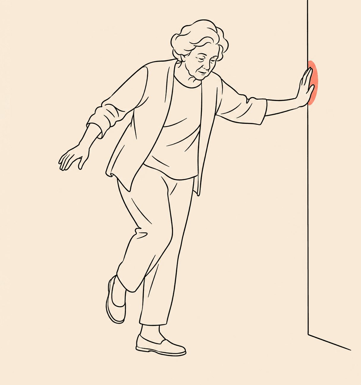 Ilustração em line art de uma mulher idosa perdendo o equilíbrio e apoiando a mão na parede para não cair