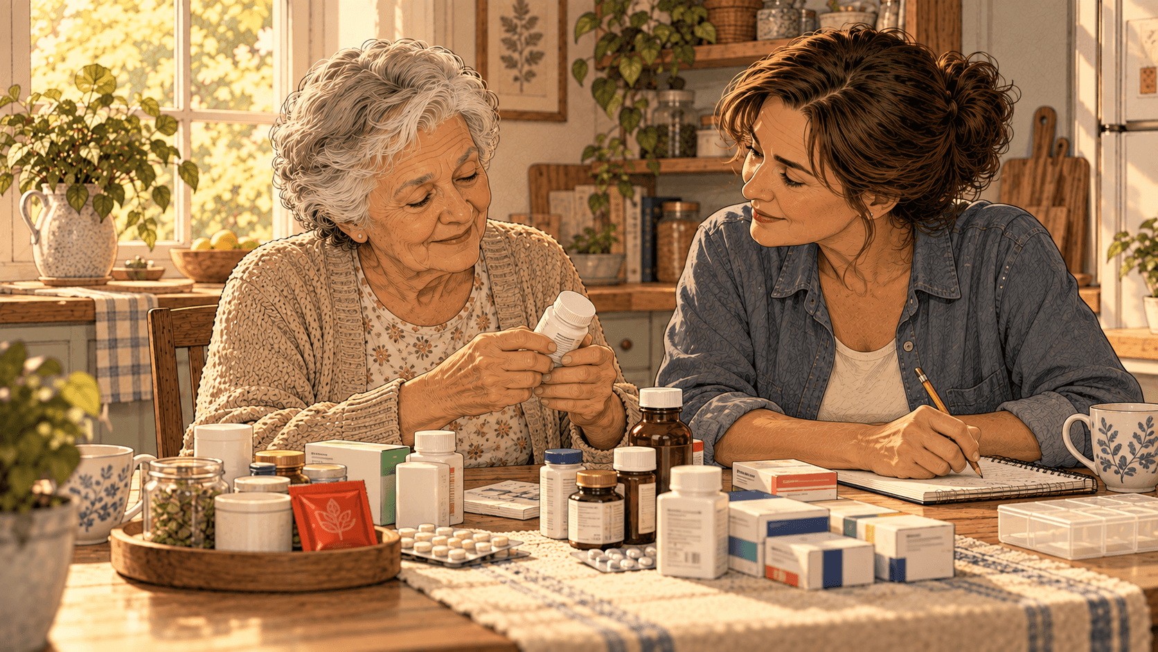 Idosa e a filha à mesa da cozinha separando todos os produtos que ela usa: caixas de remédio, potes de suplementos, saquinhos de chá e um caderno para anotar.
