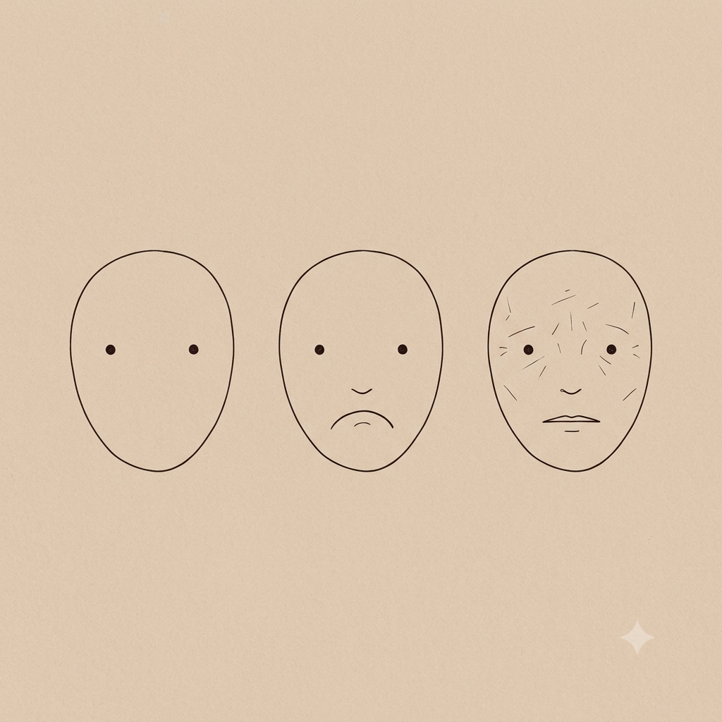 Ilustração em line art de três rostos em sequência, do neutro ao visivelmente angustiado