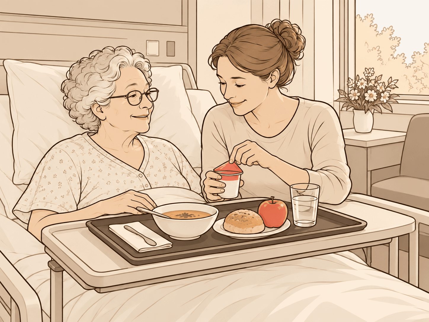 A filha abre a tampa de um iogurte para a mãe idosa, que está sentada na cama, de óculos, diante da bandeja com sopa, pão, fruta e água