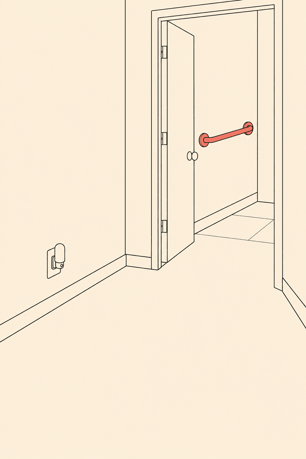 Ilustração em line art de um corredor com barra de apoio vermelha instalada ao lado da porta do banheiro e luz noturna na tomada