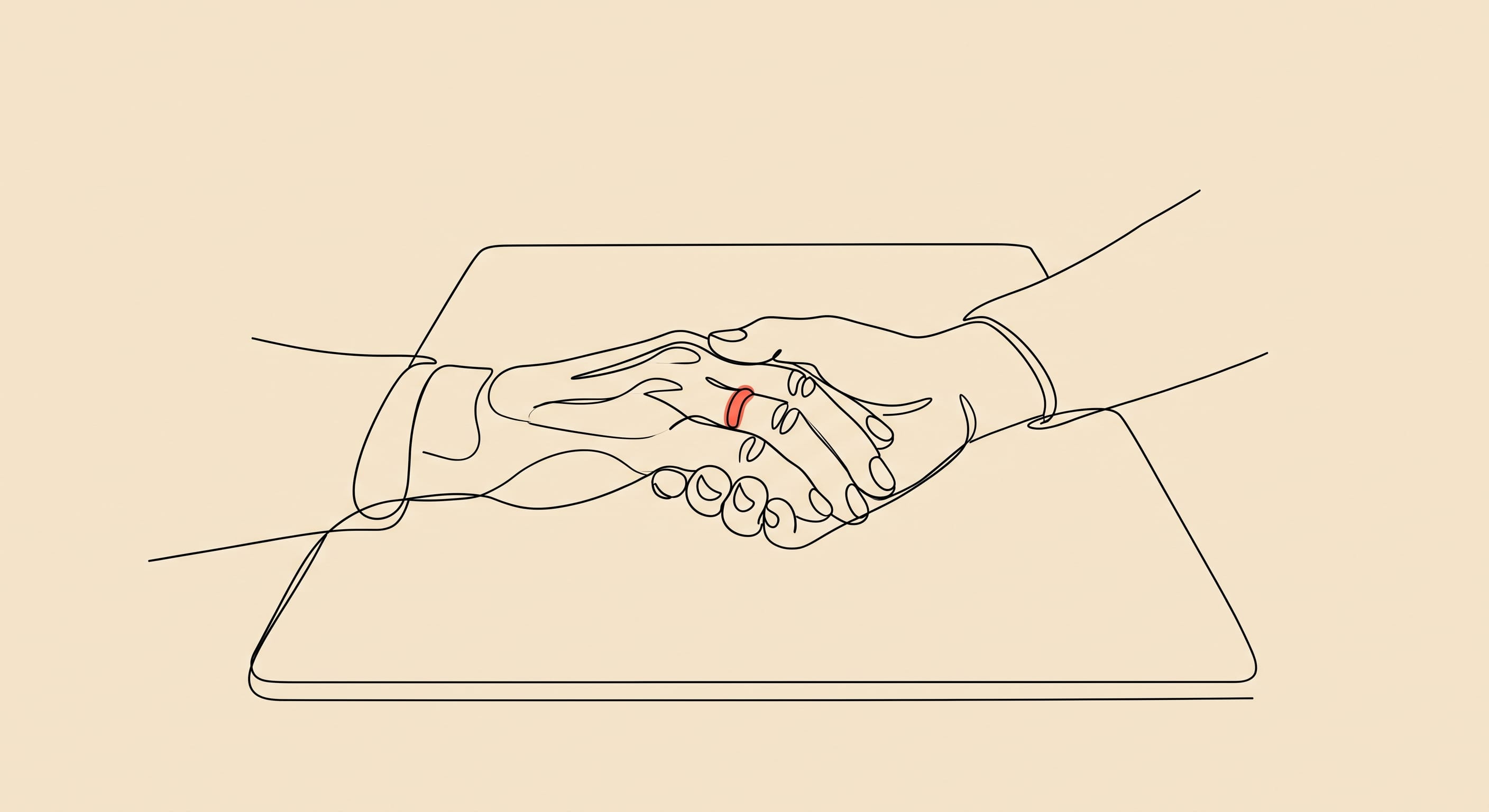 Ilustração em line art de duas mãos entrelaçadas em um aperto, com um detalhe em vermelho