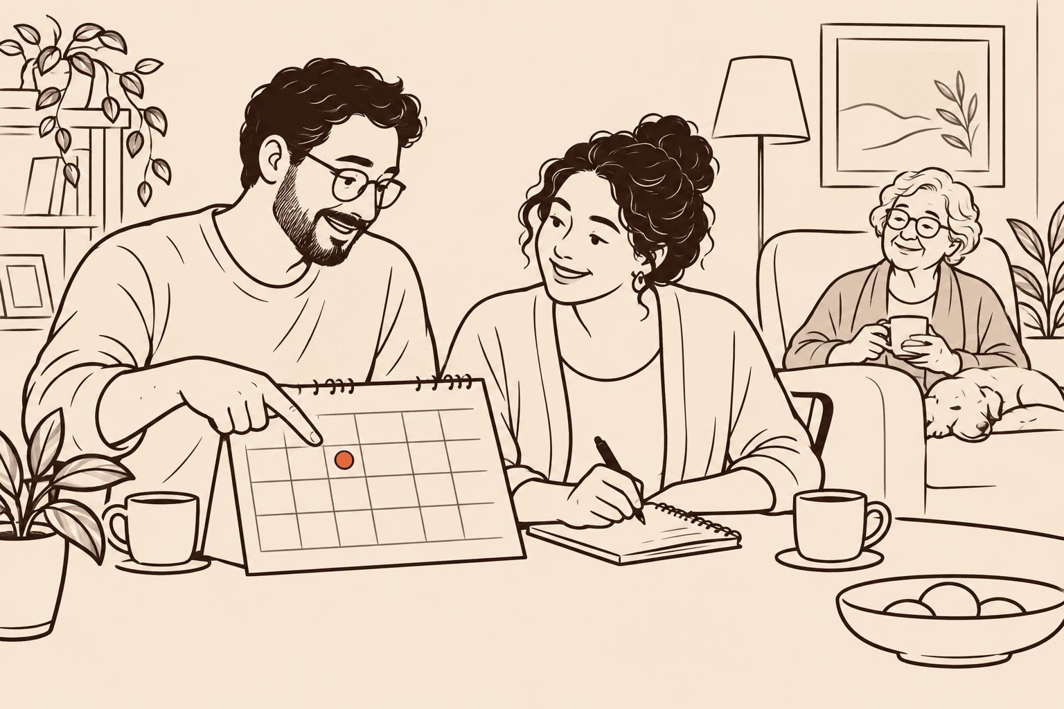 Ilustração em line art de duas pessoas organizando tarefas num calendário, com a idosa por perto