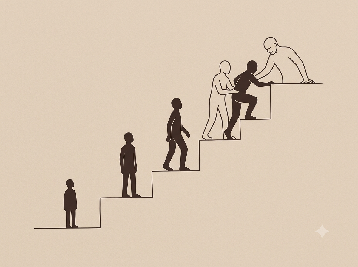 Ilustração em line art de figuras subindo uma escada, cada vez mais amparadas pela seguinte