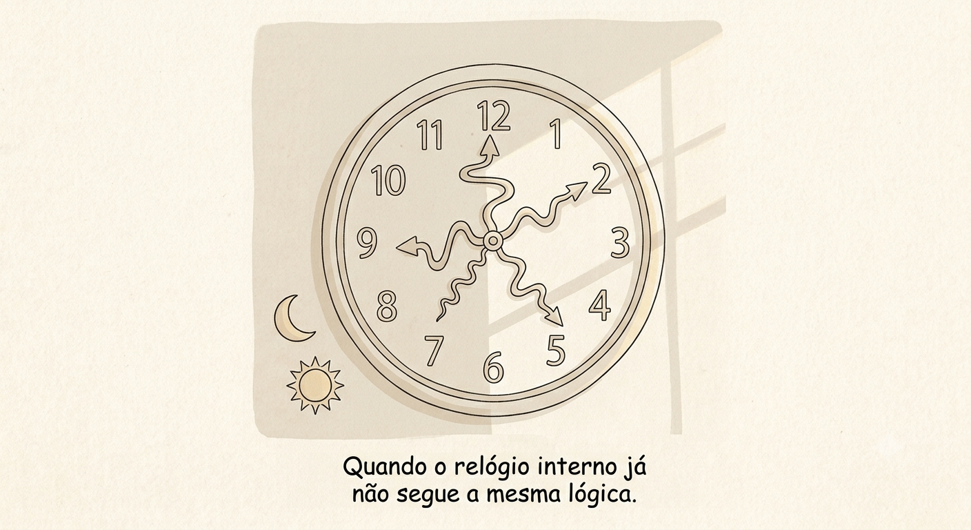 Ilustração de um relógio de parede com os ponteiros distorcidos e ondulados, ao lado de um pequeno sol e uma lua, sugerindo desorientação temporal