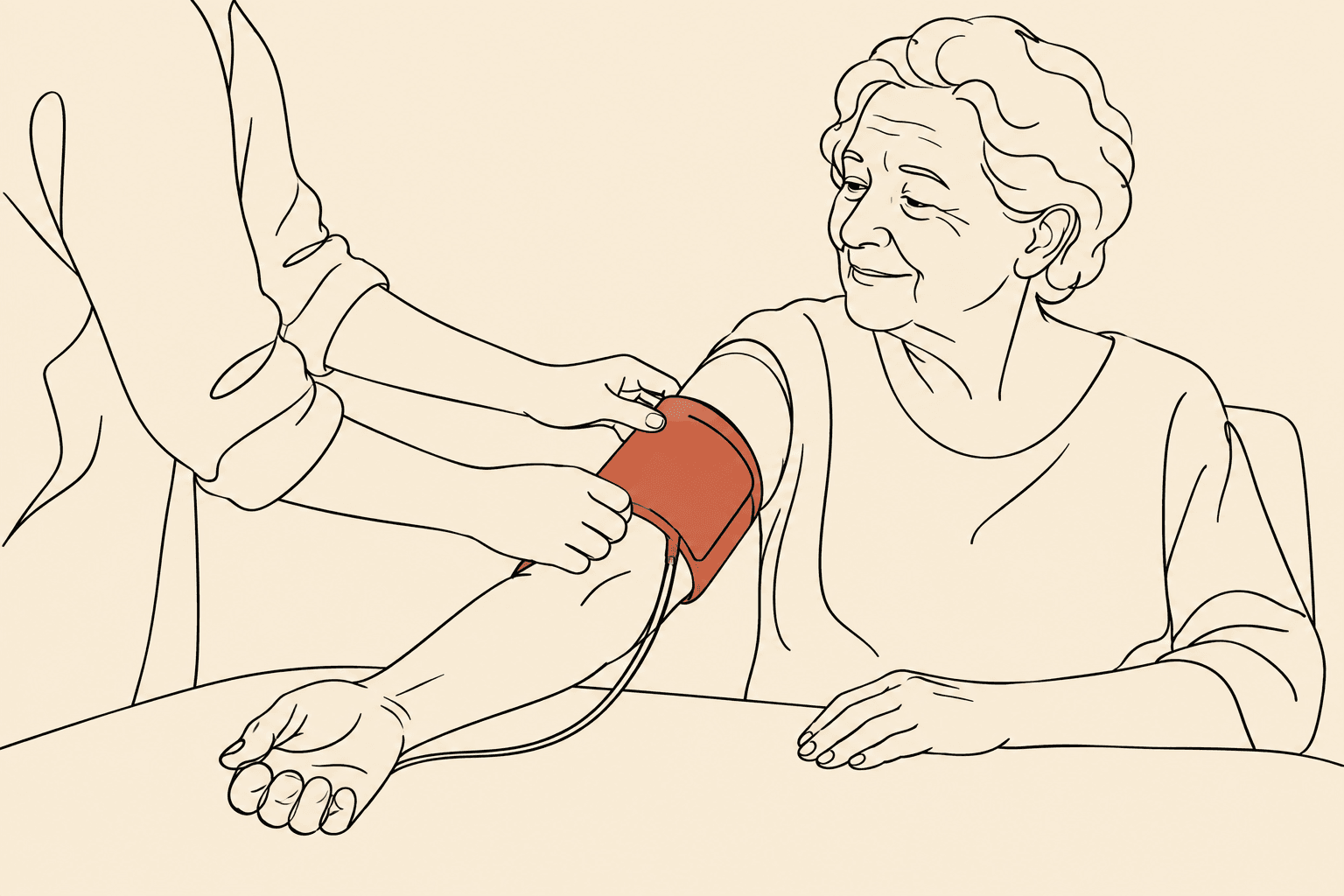 Ilustração em line art de uma pessoa medindo a pressão arterial no braço de uma idosa sentada à mesa