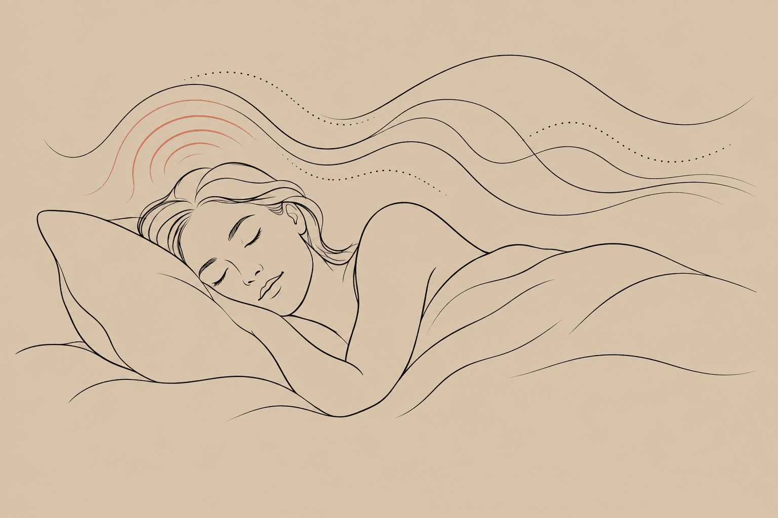 Ilustração em line art de uma mulher dormindo tranquilamente, com ondas suaves saindo da cabeça
