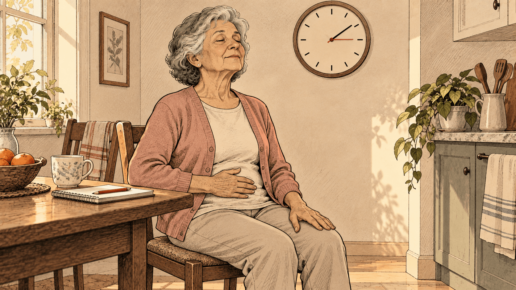 Idosa sentada com a coluna ereta em uma cadeira de cozinha, de olhos fechados e uma mão sobre o abdome, respirando devagar; na mesa ao lado, um caderno com lápis e uma xícara.