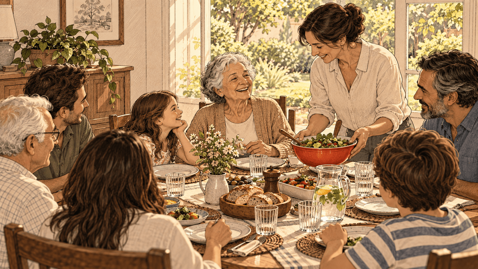 Almoço de domingo em família, com várias gerações à mesa; a avó ri à cabeceira, a neta a olha encantada e a filha serve uma salada, sem pressa, com luz de jardim ao fundo.