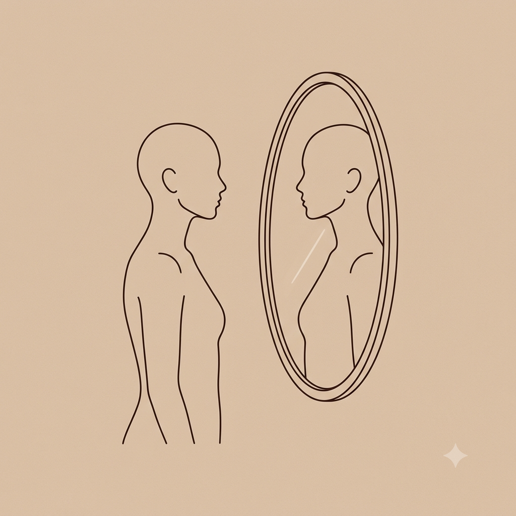 Ilustração em line art de uma pessoa olhando para o próprio reflexo em um espelho oval