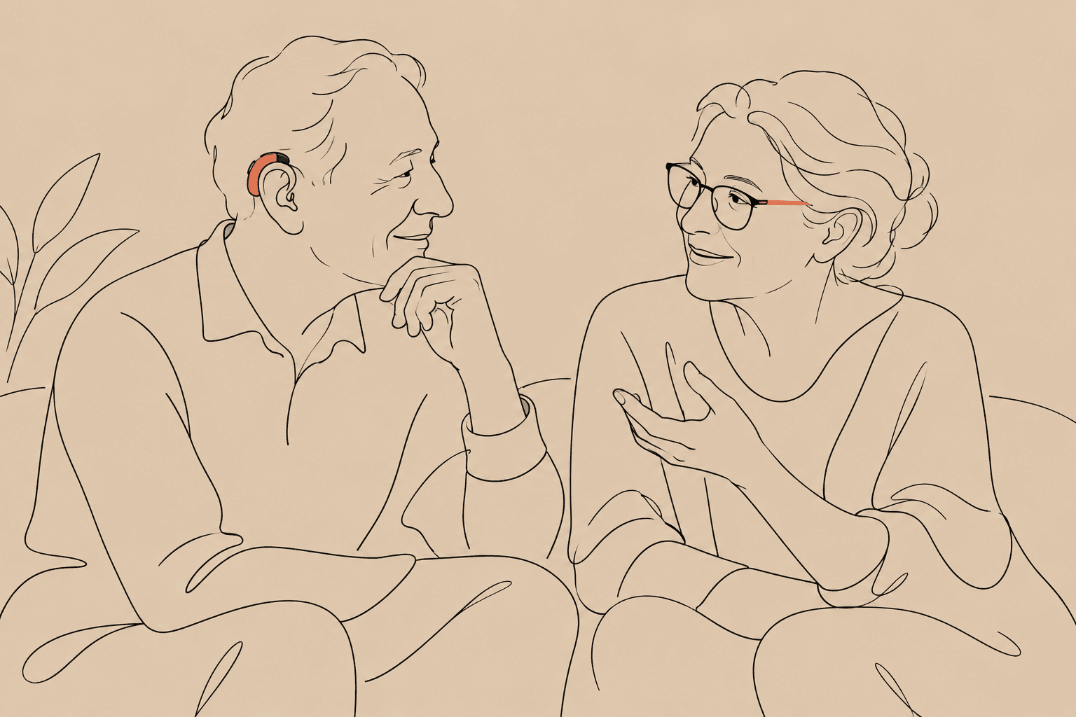 Ilustração em line art de um homem usando aparelho auditivo e uma mulher usando óculos, conversando