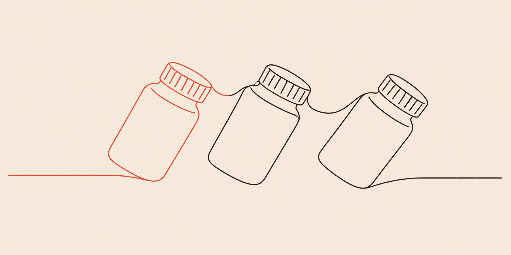 Três frascos de medicamentos caem em sequência como peças de dominó.