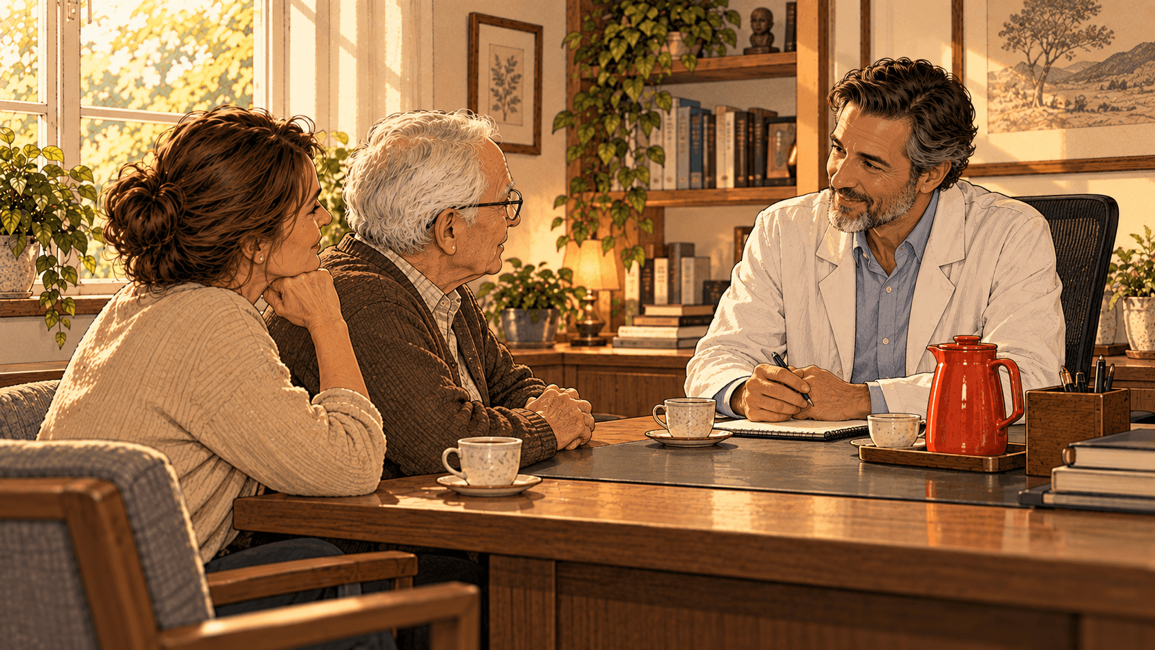 Consulta em um consultório acolhedor: o médico anota enquanto escuta o idoso e a filha, com xícaras de café sobre a mesa.