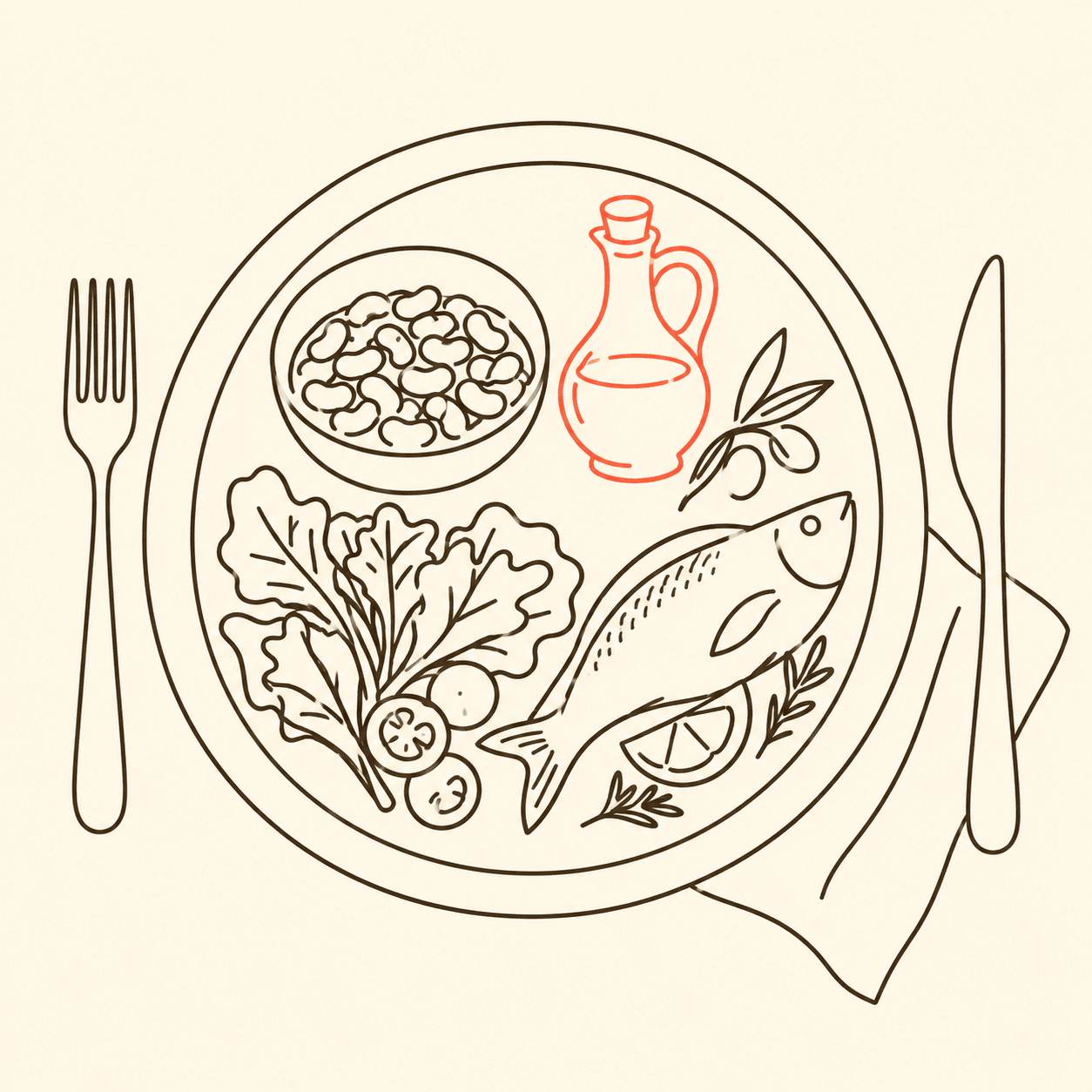 Ilustração em line art de um prato visto de cima com feijão, peixe, folhas verdes e azeite de oliva em destaque coral
