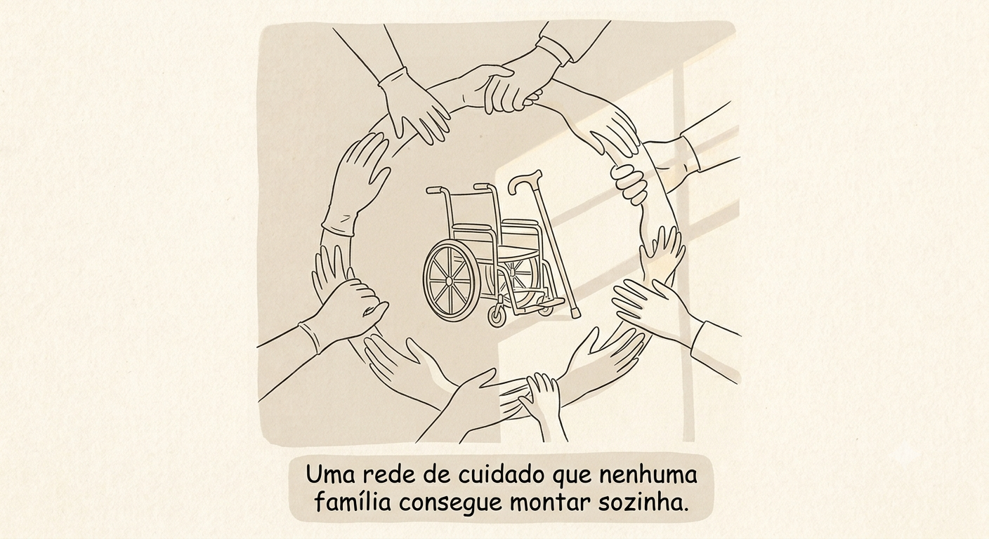 Ilustração vista de cima de várias mãos formando um círculo ao redor de uma cadeira de rodas e uma bengala no centro