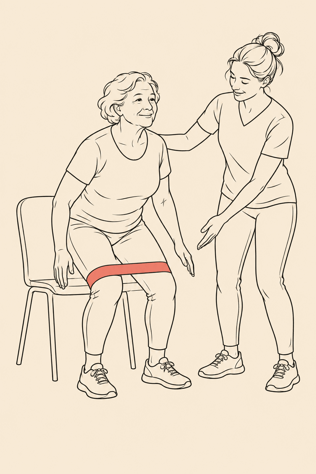 Ilustração em line art de uma idosa treinando com faixa elástica nas pernas, orientada por uma fisioterapeuta