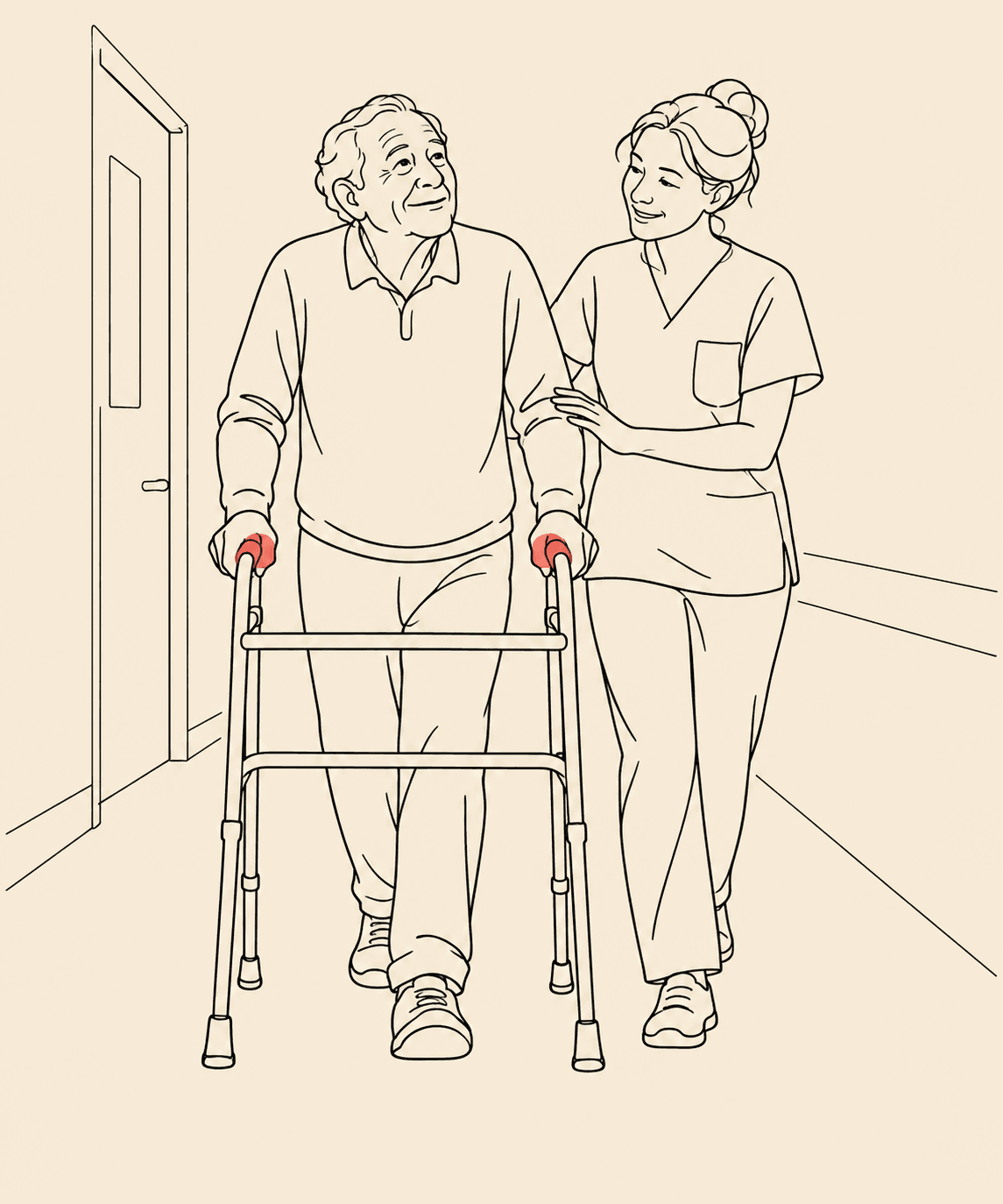 Ilustração em line art de um idoso caminhando com andador em um corredor, acompanhado por uma cuidadora