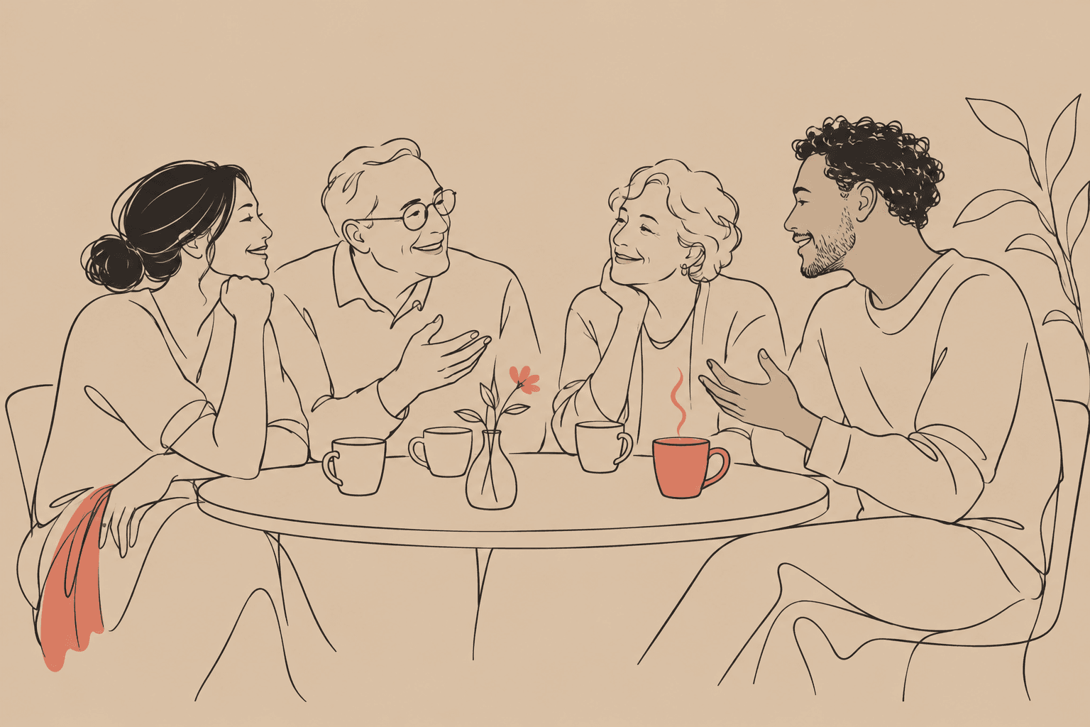 Ilustração em line art de quatro amigos de diferentes idades conversando e rindo ao redor de uma mesa de café