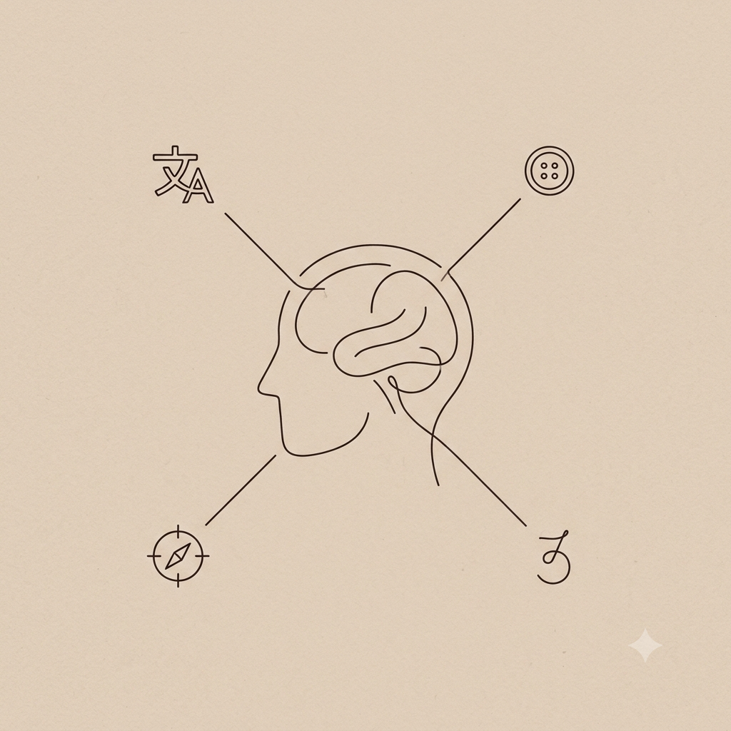 Ilustração em line art de uma cabeça de perfil com o cérebro conectado a símbolos de linguagem, praxia, orientação e cálculo