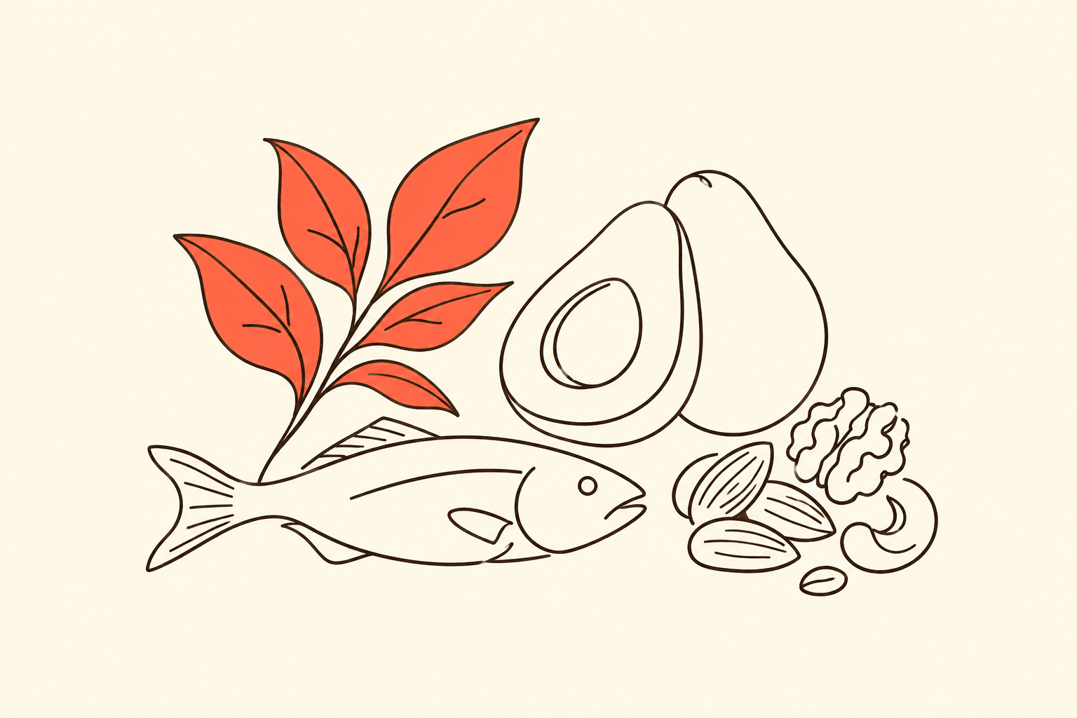Ilustração em line art de folhas em destaque coral, abacate, peixe e castanhas, representando os chamados superalimentos
