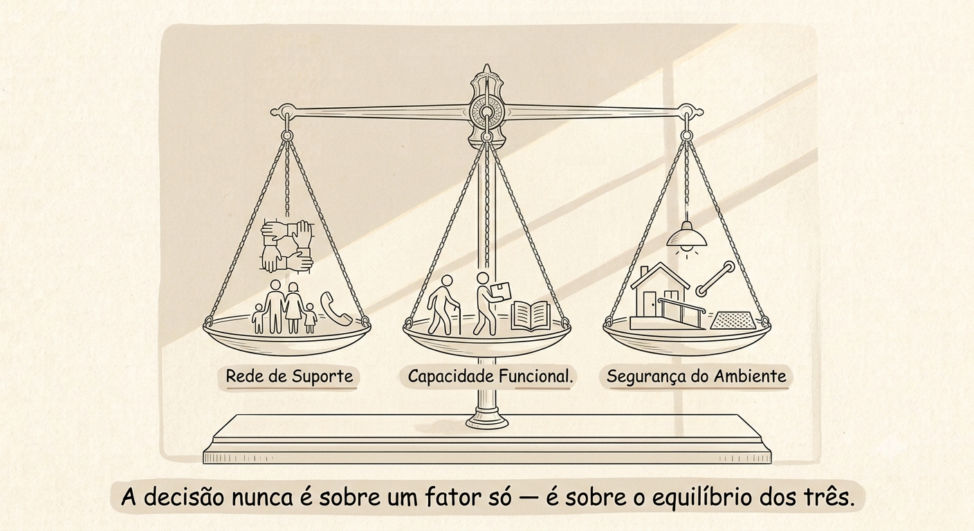 Ilustração de uma balança antiga de três pratos perfeitamente equilibrados, representando rede de suporte, capacidade funcional e segurança do ambiente
