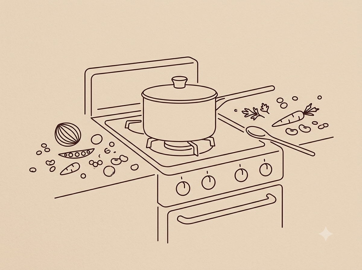 Ilustração em line art de uma panela no fogão cercada por ingredientes organizados na bancada